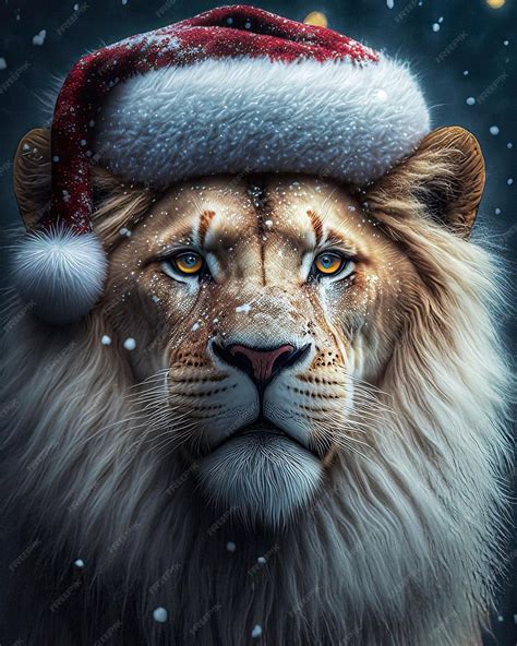 Premium Photo A Christmas Card With A Lion Wearing A Santa Hat