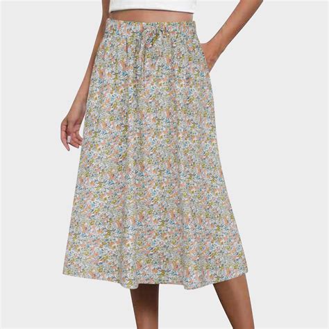 Aueoeo Women S Flowy Skirt Midi Length Elastic High Waist A Line Skirt