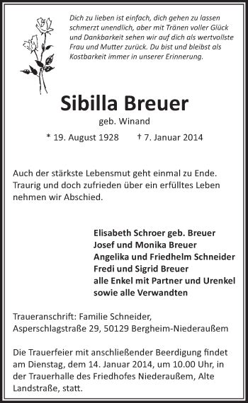 Traueranzeigen Von Sibilla Breuer WirTrauern