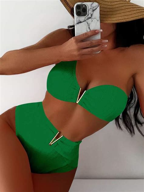 Shein Swim Chicsea Plain One Shoulder High Waisted Bikini Swimsuit