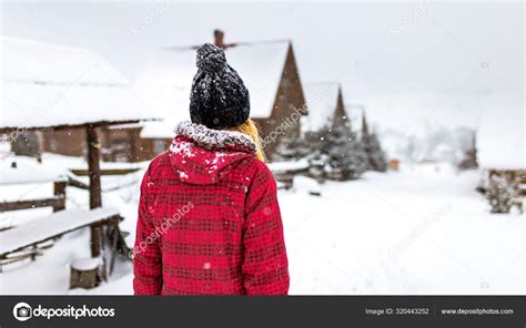 Girl Backs In Winter Snow Street Walk Outdoor Countryside Walk Alone Travel Cold Weather