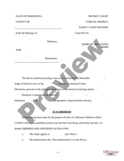 Minnesota Domestic Relations Order Template Qualified Domestic