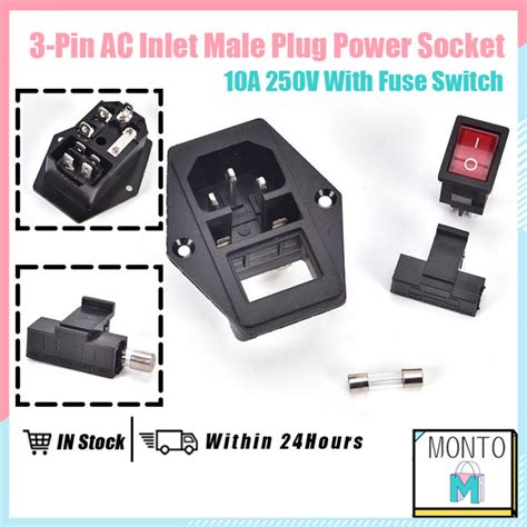 250v 10a 3 Pin Iec320 C14 Inlet Module Plug Fuse Switch Male Power Socket Ac01a With Fuse Switch