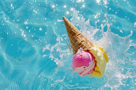 A Cone With Vanilla And Strawberry Cream Ice Cream Falling Into A Pool