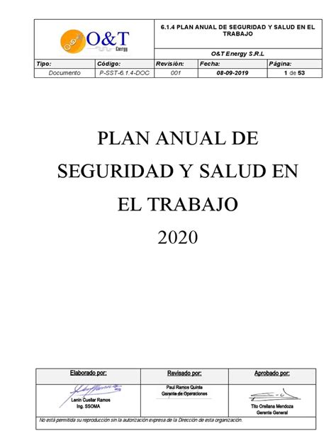 Plan Anual De Seguridad Y Salud En El Trabajo 2020 Documento P Sst 6 1 4 Doc 001 Pdf