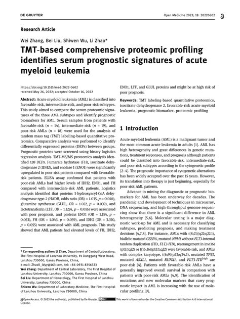 PDF TMT Based Comprehensive Proteomic Profiling Identifies Serum