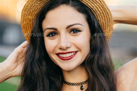 Close Up Portrait Of Brunette Woman With Dark Eyes Pure Skin And Red Lips Stock Photo By StudioVK