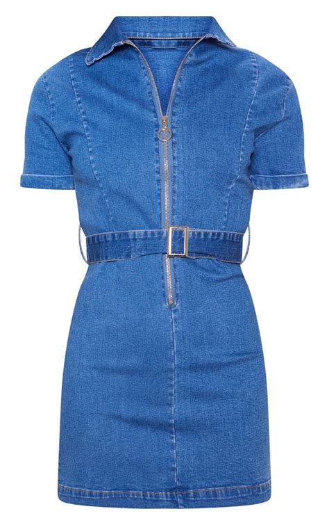 Mid Wash Zip Front Belted Denim Dress Denim Prettylittlething