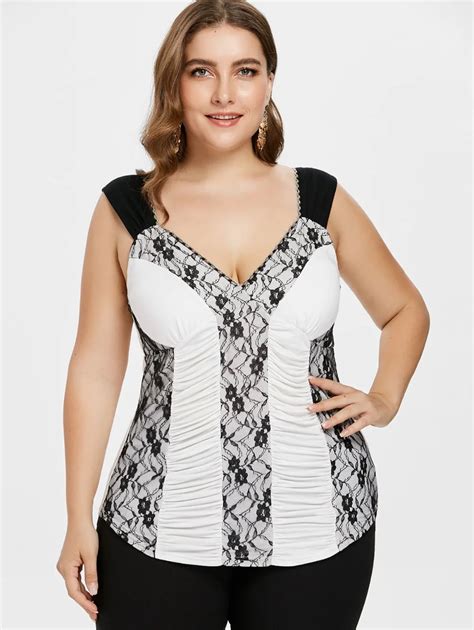 5xl Plus Size Ruched Lace Trim Tank Top Women Deep V Neck Backless