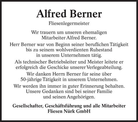 Traueranzeigen Von Alfred Berner Zeit Des Gedenkens De