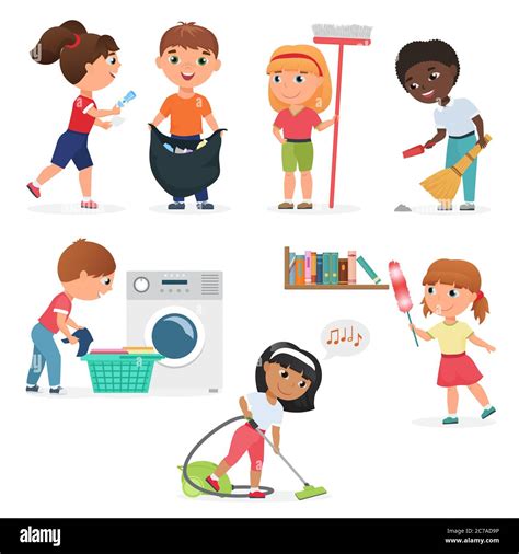 Vector Cartoon Kids Cleaning At Home Set Children In Various Cleaning