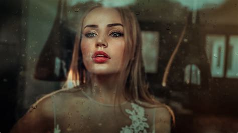 Red Lipstick Maria Puchnina Gray Eyes Face Water On Glass Women