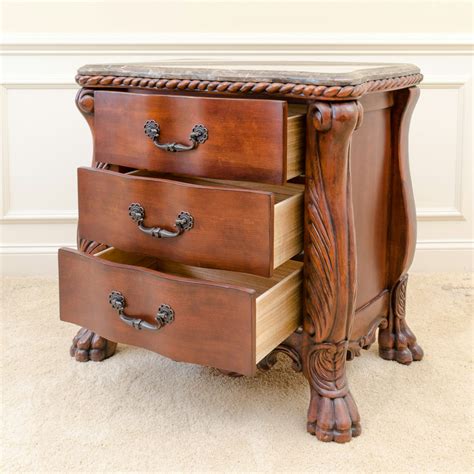 Ornate Three Drawer Nightstand With Stone Top Ebth