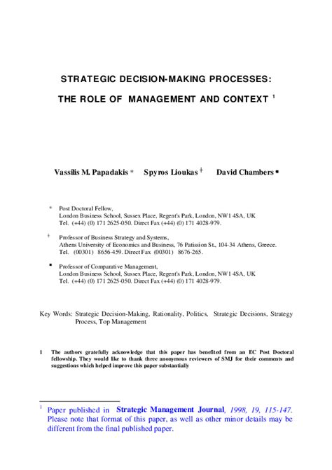 Pdf Strategic Decision Making Processes The Role Of Management And Context 1