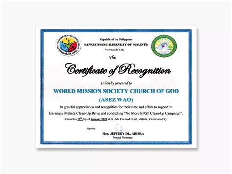 Certificate Of Appreciation Barangay