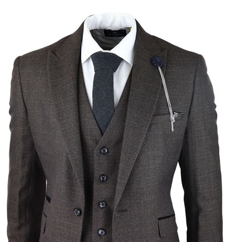 Mens Piece Check Suit Tweed Black Brown Tailored Fit Wedding Peaky