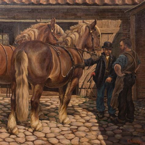 Antique Oil Painting Of A Farrier And Draft Horses By Carl Hertz