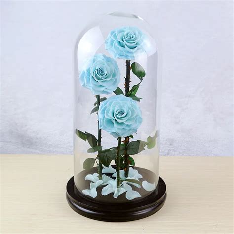 Handmade Preserved Flower Rose Three Preserved Rose With Glass Dome