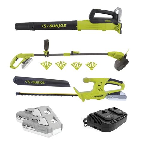 Sun Joe 24v Yard Tools Kit Leaf Blower Grass And Hedge Trimmer 2 X 20ah Batteries And Charger