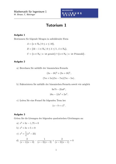 Mathematik 1 Unterlagen Uni DUE Übung Mathematik fur Ingenieure 1 M