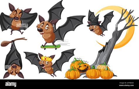 Set Of Different Cute Bats In Cartoon Style Illustration Stock Vector