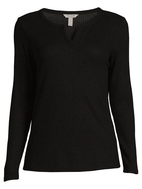 Nine Eight Womens Waffle Knit Henley With Long Sleeves