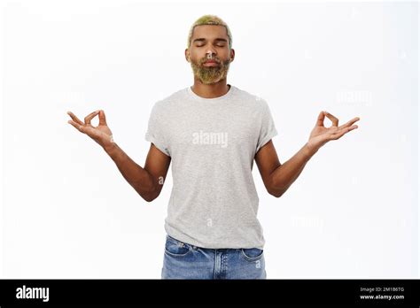 Mindfulness And Peace Calm African American Man Meditates Holds Hands