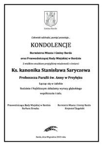 Kondolencje z powodu śmierci ks kanonika Stanisława Saryczewa Bardo