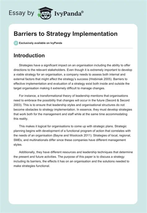 Barriers To Strategy Implementation 4553 Words Essay Example