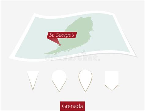 Curved Paper Map of Grenada with Capital St. George`s on Gray Ba Stock ...