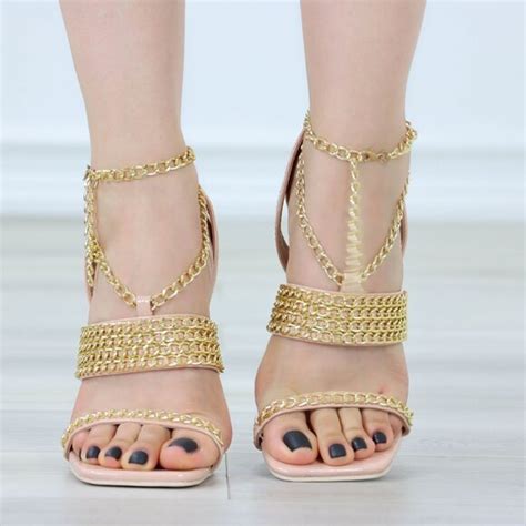 Shoes Open Square Toe High Heel Sandals Gold Chain Ankle Strap Clear Stilettos Nude Poshmark