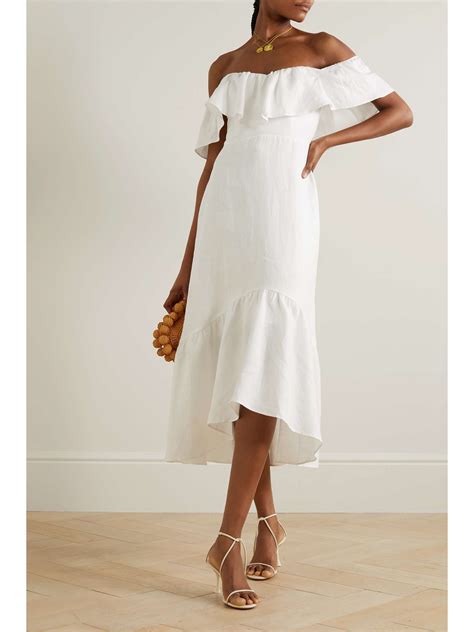 Reformation Baela Off The Shoulder Ruffled Tiered Linen Midi Dress