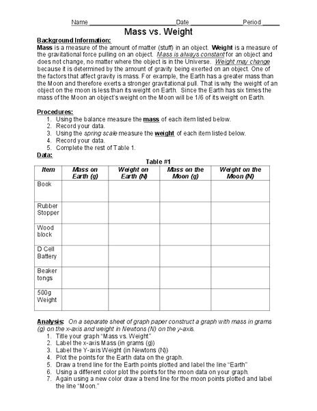 Mass Vs Weight Activity For 8th 11th Grade Lesson Planet