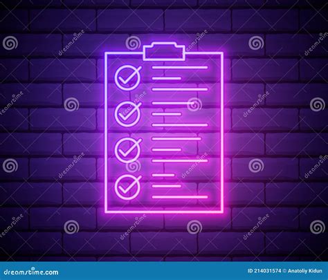 Glowing Neon Line Clipboard With Checklist Icon Isolated On Brick Wall