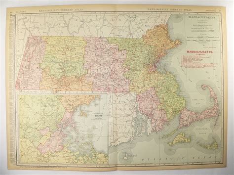 Large Vintage Massachusetts Map 1908 Rand McNally Map of Massachusetts ...