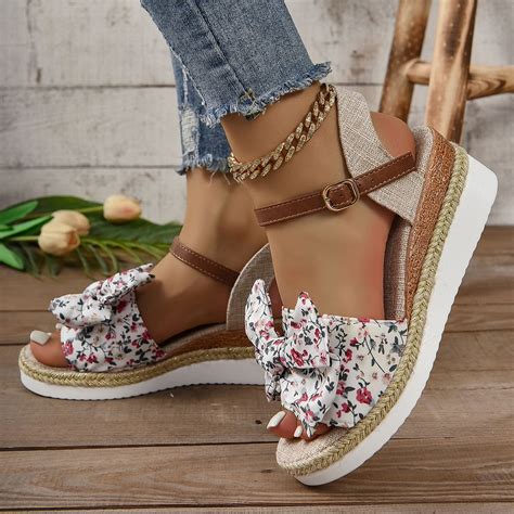 Quinlirra Sandals Women Summer Platform Floral Bow Wedge Fish Mouth