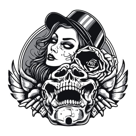 Premium Vector | Tattoo design of girl in hat and skull