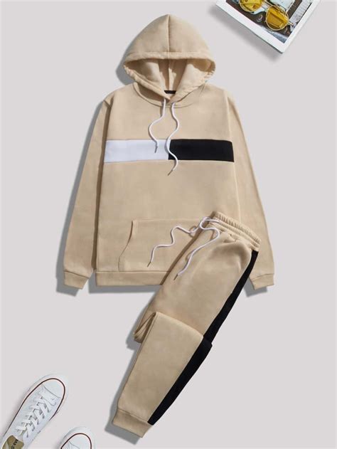 Men Color Block Drawstring Hoodie And Contrast Side Seam Sweatpants