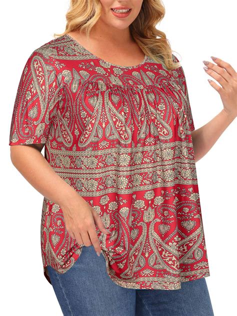 Chama Short Sleeve T Shirt For Women Plus Size Flowy Tunic Tops Casual Paisley Blouses