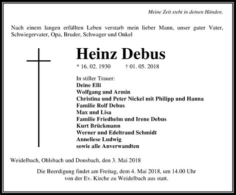 Traueranzeigen Von Heinz Debus Vrm Trauer De