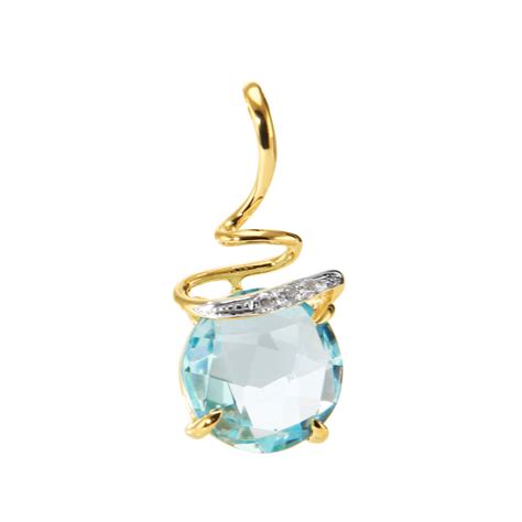 Pendentif Or Jaune Topaze Bleue Trait E Ronde Mm Et Diamant Ref