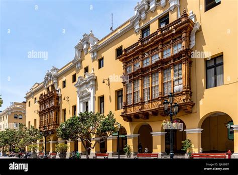 Colonial Style Buildings In The Plaza De Armas Lima Peru Stock Photo