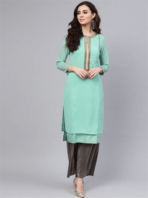 Women Sea Green Embellished Layered Straight Kurta Shoppreparcels