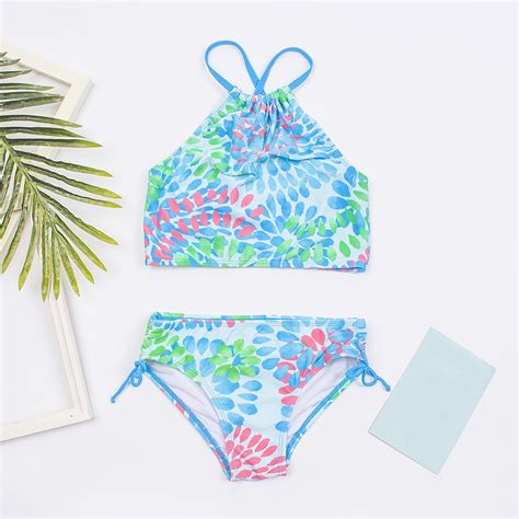 Uublik Girls Bikini Fashion Cute Flowers Print Ruffles Bikini Swimsuit Set Sizes T