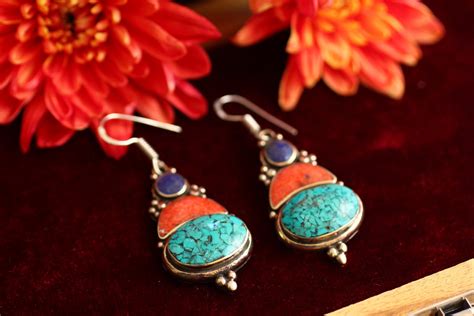 Vintage Tibetan Earrings Handmade Nepali Earrings Bespoke Mosaic