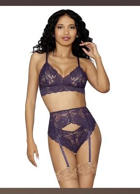 Pure Romance Strappy Lace Lingerie Trio Indigo Garter Belt Size XL EBay