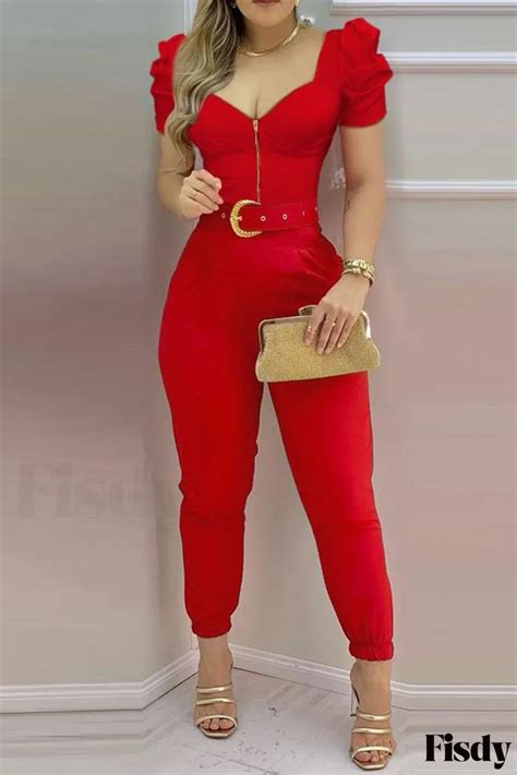 Fisdy Professional Red Solid Patchwork Zipper Jumpsuit With V Neck