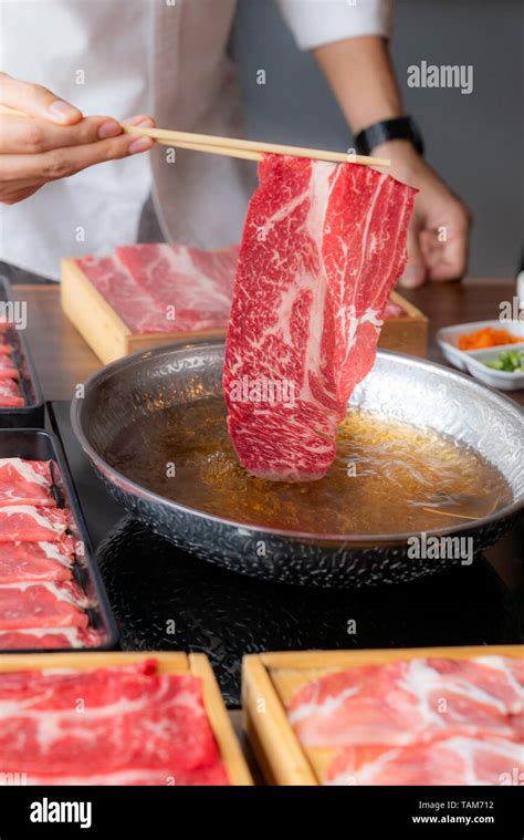 Cooking Of Japanese Wagyu Beef Shabu Shabu Set Hot Pot Stock Photo Alamy