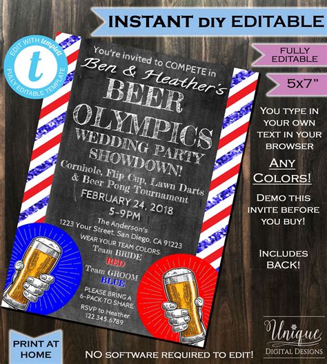 Editable Beer Olympics Wedding Party Invitation Any Color Etsy Wedding Party Invites Beer