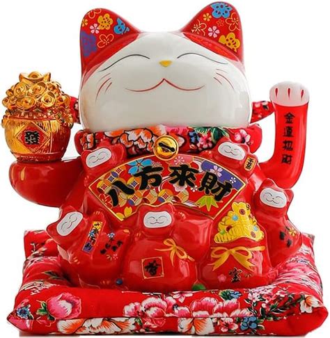 Maneki Neko à Bras Mobile Chat Chinois Porte Bonheur en Porcelaine